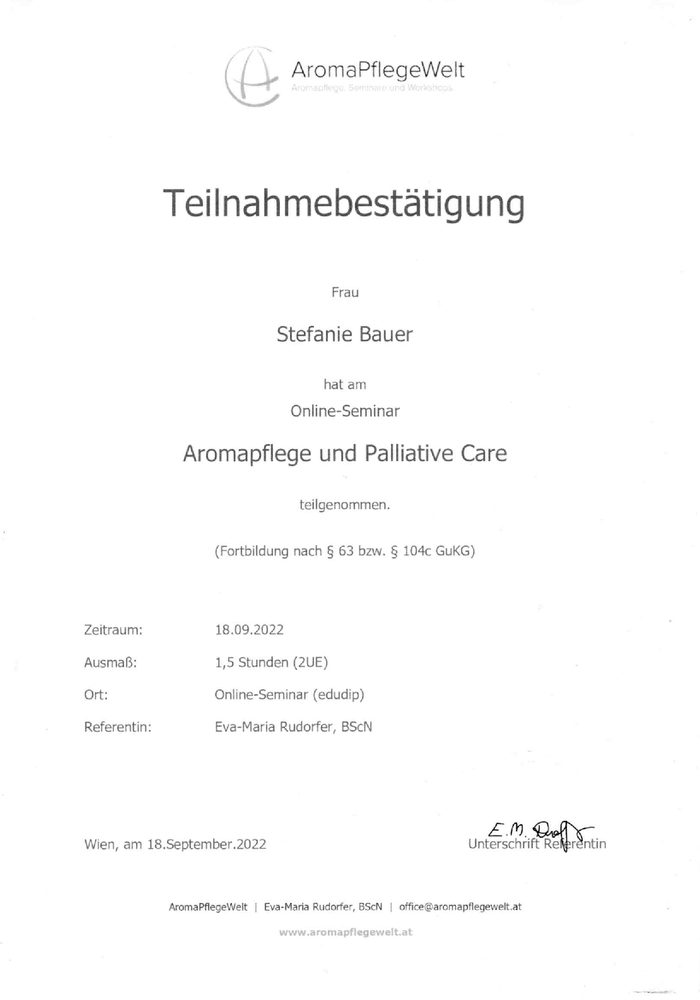 Zertifikat Aromapflege und Palliativ Care