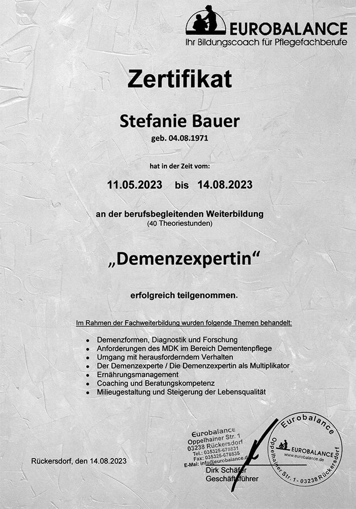 Zertifikat Demenzexpertin
