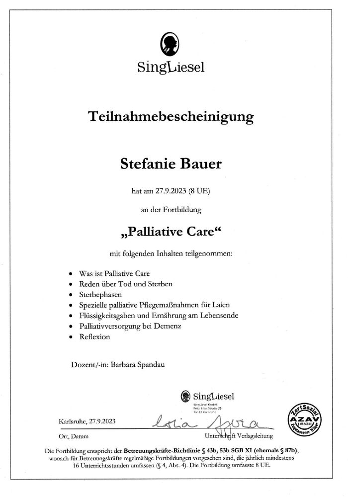 Teilnahmebescheinigung Palliativ Care