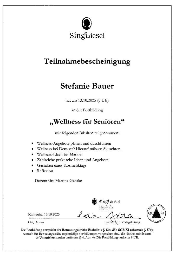 Teilnahmebescheinigung Wellness für Senioren