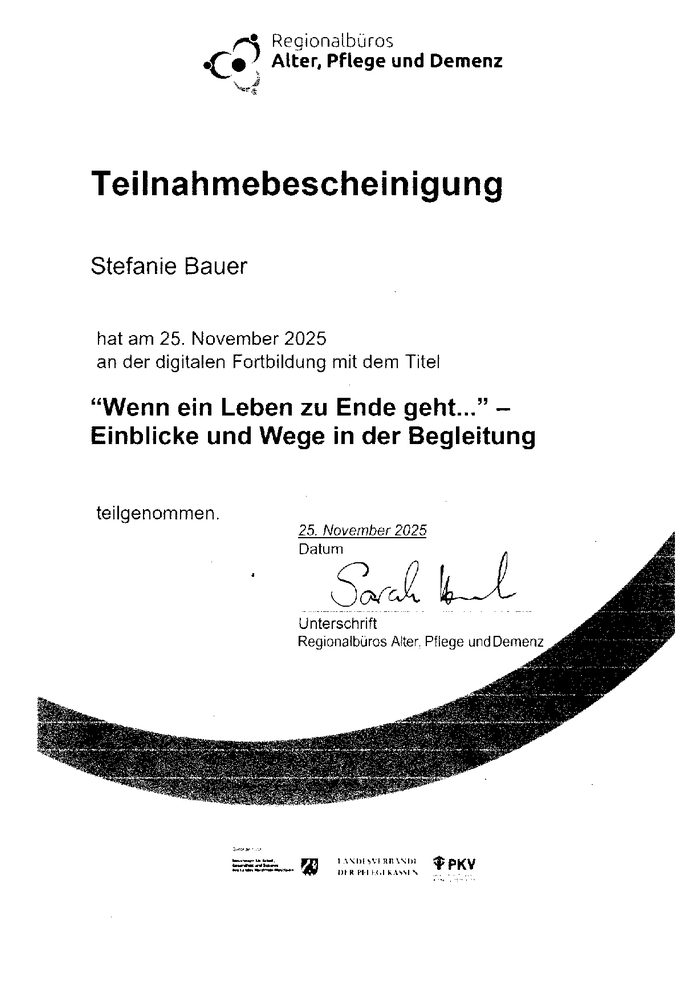 Teilnahmebescheinigung Wenn ein Leben zu Ende geht